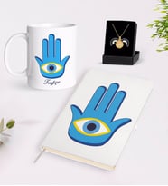 BK Gift Kişiye Özel Nazar Temalı Beyaz Defter Kupa ve Açılan Nazar Kolye Hediye Seti-3 (Model 1)