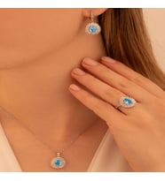 Kadın Gümüş Set - Mekik Model Mavi Topaz Taşlı Baget Süslemeli Rodyumlu Kadın Set