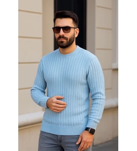 Erkek Bisiklet Yuvarlak Yaka Triko Kazak Pamuklu Kalın Fitilli Dokuma, Regular Fit Uzun Kollu Kışlık