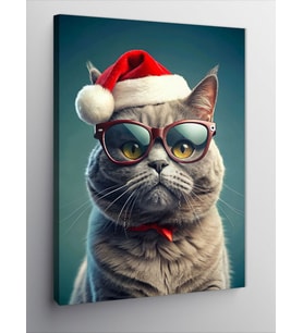 Kanvas Tablo Noel Baba Şapkalı Kedi