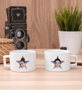 Kişiye Özel Mavi Yıldız Kafa Fotoğraflı İkili Fincan