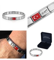 Ay Yıldız Türk Bayrağı ve Atatürk İmzalı Çelik İtalyan Charm Bileklik - Sevgiliye, Eşe, Babaya Hediy