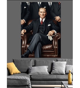 Atatürk Koltukta Oturan Portre Dekoratif Kanvas - Mdf Ahşap Tablo