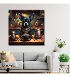 Kare Kanvas Kahve Köşesi Cafe Tablosu Barista Siyah Chihuahua