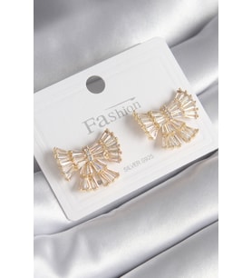 Pirinç Gold Renk Zirkon Taşlı Kurdele Model Kadın Küpe - TJ-BKP8599