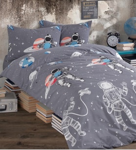 Karden Flower Astronaut Gri Pamuklu Ranforce Tek Kişilik Nevresim Takımı