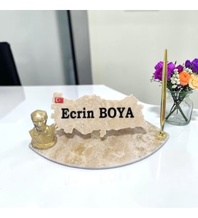 Sümen Ofis için Doğal Onix Mermer İsimlik Gold Tasarımlı Kalem ve Atatürk Biblo