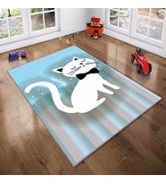 Mavi Kedi Desenli Yıkanabilir Kaymaz Taban Leke TutmazBebek ve Çocuk Odası Halısı