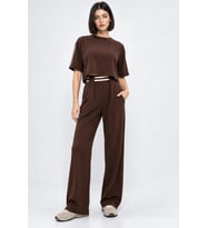 Kadın Spor Şık Çizgi Detaylı Crop Bluz Ve Yüksek Bel Modal Takım - Acı Kahve
