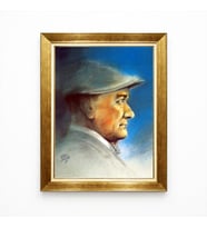 Tablore Atatürk Kasketli Profil Sanatsal Çizim Renkli Çerçeveli Tablo