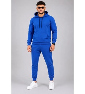 Erkek İki İplik Kapüşonlu Kanguru Cepli Sweatshirt Jogger Pantolon Alt Üst Eşofman Takımı -Saks Mavisi