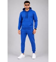 Erkek İki İplik Kapüşonlu Kanguru Cepli Sweatshirt Jogger Pantolon Alt Üst Eşofman Takımı -Saks Mavisi