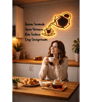 Lucenda Led Işıklı Kişiye Özel Demlik ve Çay Fincanı Figürlü Tablo Mutfak Ve Cafe Duvar Dekorasyonu