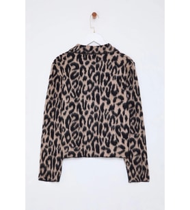 Stil Modern Kadın Regular Standart Kol Polo Yaka Leopar Desenli Triko Hırka (Kahverengi)