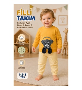 1-2-3 Yaş Fil ve Sallanan Ayak Desenli Likralı Penye Sweat Pantolon 2'li Kız Erkek Çocuk Takımı