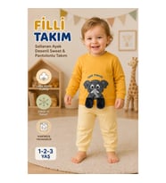 1-2-3 Yaş Fil ve Sallanan Ayak Desenli Likralı Penye Sweat Pantolon 2'li Kız Erkek Çocuk Takımı