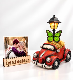 Doğum Günü Hediyesi Kişiye Özel Fotoğraflı Bordo Vosvos Taksi Masa Lambası ve İyi Ki Doğdun Fotoğraf Tutucu
