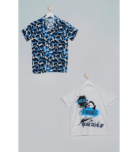 2'li Fırça Baskılı Gömlek Tshirt Saks Takım
