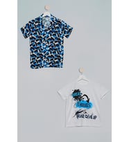 2'li Fırça Baskılı Gömlek Tshirt Saks Takım