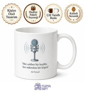 Podcaster Mikrofon Sessiz Oda Sohbet Temalı Kupa Bardak Hediye