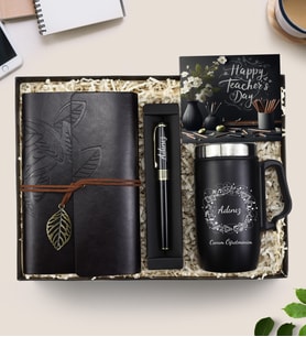 Kişiye Özel Kulplu 280 ML Çelik Termos & Deri Kapaklı Vintage Anı-Seyahat Defteri & Gold Renk Petek Detaylı Dolma Kalem Öğretmenler Günü Hediye Seti