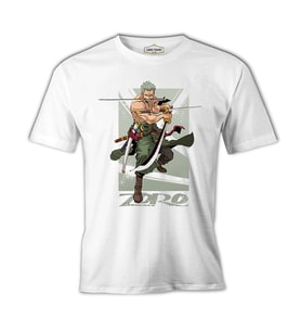 One Piece Roronoa Zoro with Three Swords Beyaz Erkek Tshirt