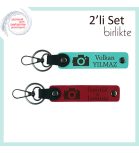 Anı Yakalayan Kalplere, Kamera Desenli, Kişisel İsimli Anahtarlık Seti, Turkuaz-Kırmızı