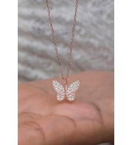 925 Ayar Gümüş Rose Zirkon Taşlı Kelebek Model Kolye