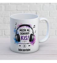 Kişiye Özel Müzik Aç Dünyayı Kıs Baskılı Kupa – Kulaklık Temalı İsimli Müziksever Hediyesi