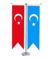 Masa Üstü Kırlangıç Doğu Türkistan + Türk Bayrağı + Krom T Direk Masa Bayrak Seti