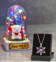 Gerçek Ametist Taşlı Lotus Kolye ve Renkli Led Işıklı Kişiye Özel Fanus Hediyesi (Model 5)