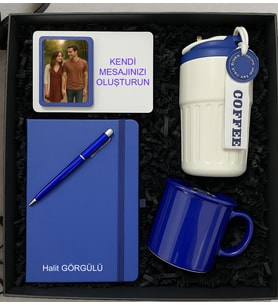 Kişiye Özel Hediye Seti - Dereceli Bardak Termos & Defter & Kalem & Kupa & Çerçeve - lacivert