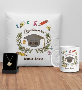 BK Gift Kişiye Özel Öğretmenler Günü Tasarımlı Beyaz Kupa Yastık ve İsimli Papatya Kolye Hediye Seti- 14, Öğretmene Hediye, Öğretmenler Günü