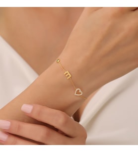925 Ayar Gümüş Taşlı Kalp ve Harf Bileklik (Gold)