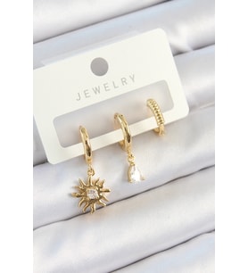 Pirinç Zirkon Taşlı Güneş Model Gold Renk 3'lü Çift Kadın Küpe Set