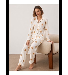 Night Kadın Gömlek Yakalı Uzun Kollu Pijama Seti