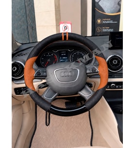 Audi A3 8V Dikme Direksiyon Kılıfı Delikli Deri Parlak Siyah Taba Detay Çift Yüzük ve Dikiş 2012-2016