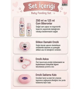 BabyTime 5 Parça Cam Biberon Beslenme Seti 250 ml 125 ml Damaklı Emzik Askı Saklama Kabı Pembe Ak517