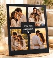 Kişiye Özel Yazılı 4 Fotoğraflı Siyah Çerçeve Siyah Renk Kolaj Masaüstü Çerçeve
