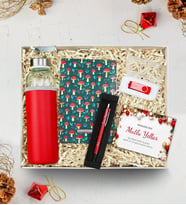 Özel Deri Kılıflı 500 ML Kırmızı Su Matarası & Kişiye Özel Kırmızı 32 GB Usb & Gümüş Renk Detaylı Kırmızı Tükenmez Kalem & Mantar Desenli Defter Yeni Yıl Hediye Seti