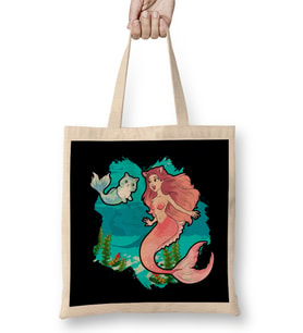 Cute & Funny Mermaid Cat Swimming Kitty Mermaidcat Bez Çanta Uzun Saplı