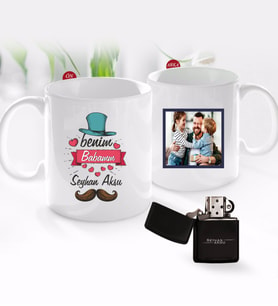 BK Gift Kişiye Özel Babalar Günü Hediyesi Fotoğraflı Kupa Bardak ve Benzinli Çakmak Seti-96 (Model 1)