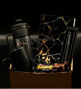 Kişiye Özel Siyah Roller Kalem& Mermer Desenli Defter& French Press& Siyah Kupa& Browni İntense Hediye Seti