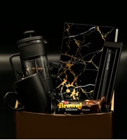 Kişiye Özel Siyah Roller Kalem& Mermer Desenli Defter& French Press& Siyah Kupa& Browni İntense Hediye Seti