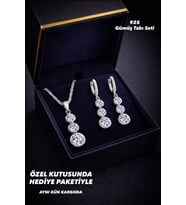 925 Ayar Damgalı Gümüş Kaplama  Işıltılı Üç Sıra Taşlı  Gümüş Kolye & Küpe Takı Seti (Silver)