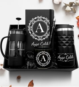 Kişiye Özel Siyah 300 ML Kristal Termos & French Press & Defter & Kupa & Kalem Hediye Seti
