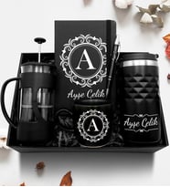 Kişiye Özel Siyah 300 ML Kristal Termos & French Press & Defter & Kupa & Kalem Hediye Seti