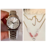 Ferrucci Taşlı Kadran Rolex Kasa Çelik Kadın Kol Saati+Çelik Kolye Hediye (Gümüş)