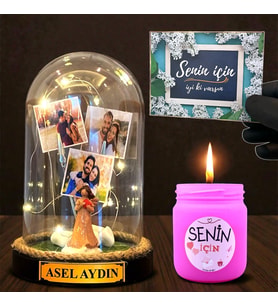 Sizlere Özel Led Işıklı Fanus ve Mis Kokulu Mum Hediye Seti Kişiye Özel Hediye (Model 9)