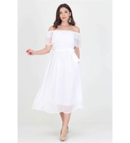 Neşeli butik kadın yeni sezon madonna yaka bağlama detaylı şifon elbise RY8060 (Beyaz)